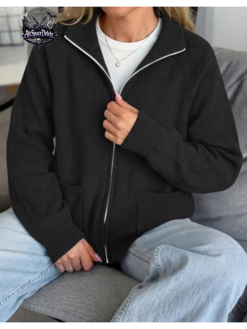 Chunky Ribbed Knit Zip Up Cardigan Sweater with Pockets - Picture 2 of 6